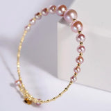 3.5-7.5mm Natural Pink Purple High Luster Pearl Bangles, 18k Yellow Gold Handmade Bangles, Pink Rose Tone Pearl Beaded Bangles, Gift Idea Etsy