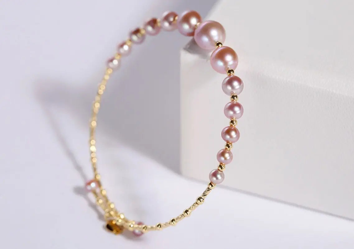 3.5-7.5mm Natural Pink Purple High Luster Pearl Bangles, 18k Yellow Gold Handmade Bangles, Pink Rose Tone Pearl Beaded Bangles, Gift Idea Etsy