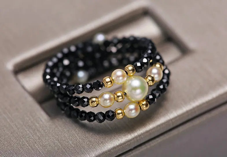 Natural Akoya Pearl & Black Spinel Handmade 18K  Yellow Gold Akoya Pearl Ring, Seawater Pearl Black Spinel Ring, Beaded Ring Etsy