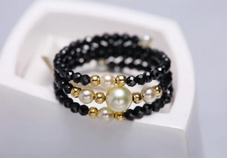 Natural Akoya Pearl & Black Spinel Handmade 18K  Yellow Gold Akoya Pearl Ring, Seawater Pearl Black Spinel Ring, Beaded Ring Etsy