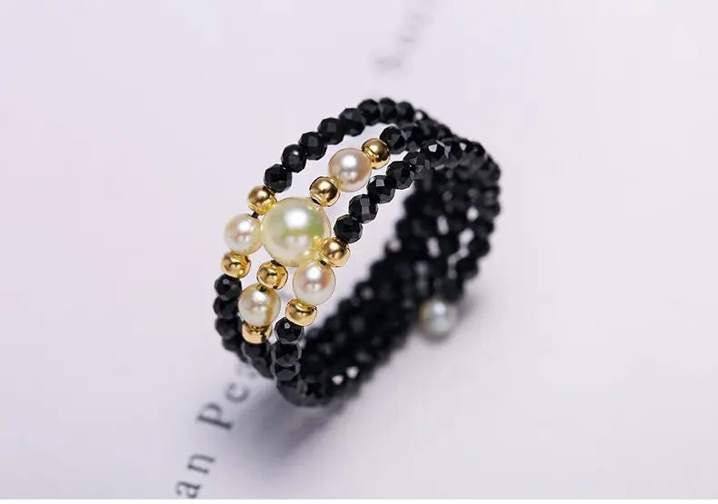Natural Akoya Pearl & Black Spinel Handmade 18K  Yellow Gold Akoya Pearl Ring, Seawater Pearl Black Spinel Ring, Beaded Ring Etsy
