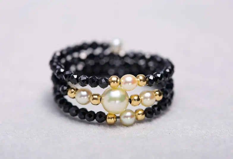 Natural Akoya Pearl & Black Spinel Handmade 18K  Yellow Gold Akoya Pearl Ring, Seawater Pearl Black Spinel Ring, Beaded Ring Etsy