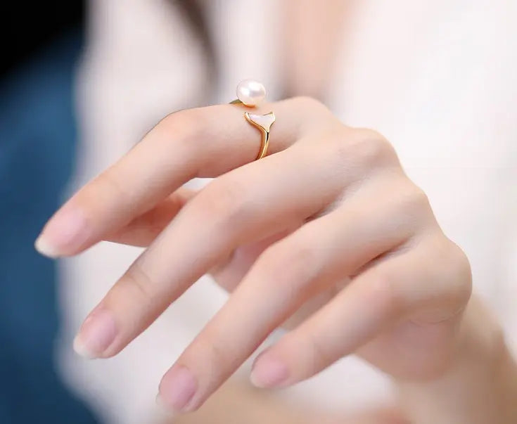 Dolphin Fin Design Akoya Pearl Ring 24K Yellow Gold Plated Vermeil