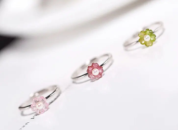 Natural Seawater Pearl Akoya Pearl & Red Tourmaline Handmade S925 Silver Akoya Pearl Ring, Gift Idea, Flower Ring, Tourmaline Ring Etsy