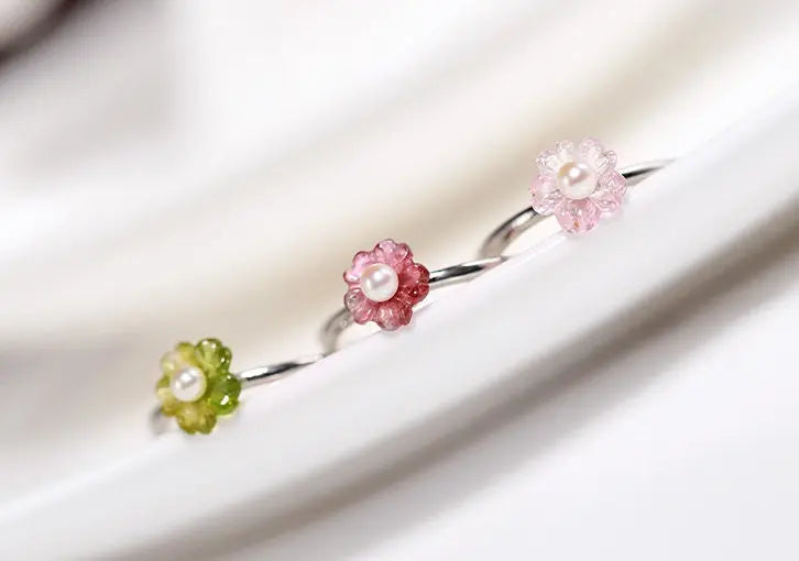 Natural Seawater Pearl Akoya Pearl & Red Tourmaline Handmade S925 Silver Akoya Pearl Ring, Gift Idea, Flower Ring, Tourmaline Ring Etsy