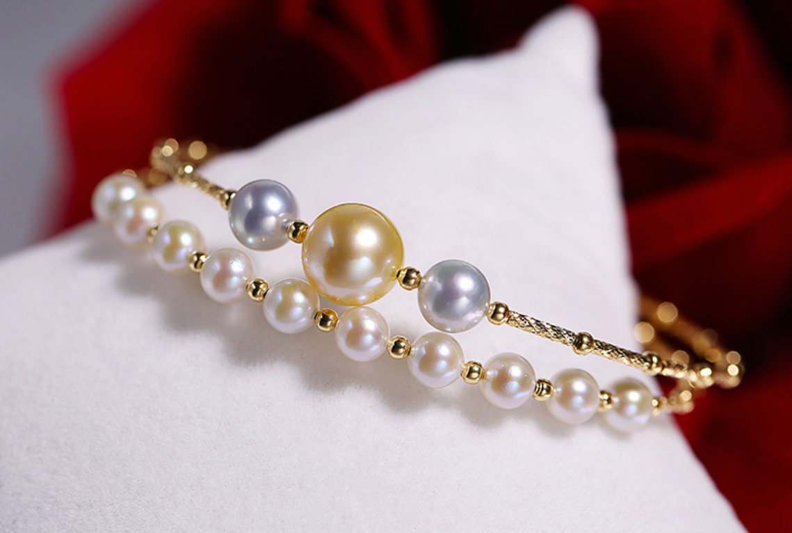Natural Coloful Pearl 18K Bracelet, Superior Akoya Pearl 18k Yellow Gold Bracelet, Handmade Madama Beaded Bracelets, Golden Pearl, Gift Idea Etsy