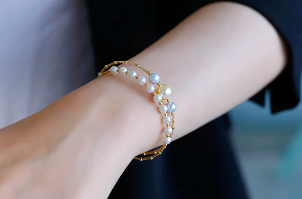 5A+ Natural Akoya Pearl 5-9mm Handmade 18K Yellow  Gold Madama Bracelets, Seawater Pearl, Gift for Her, Golden Pearl, Gift Idea Etsy