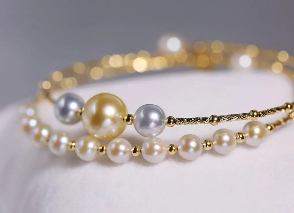 5A+ Natural Akoya Pearl 5-9mm Handmade 18K Yellow  Gold Madama Bracelets, Seawater Pearl, Gift for Her, Golden Pearl, Gift Idea Etsy