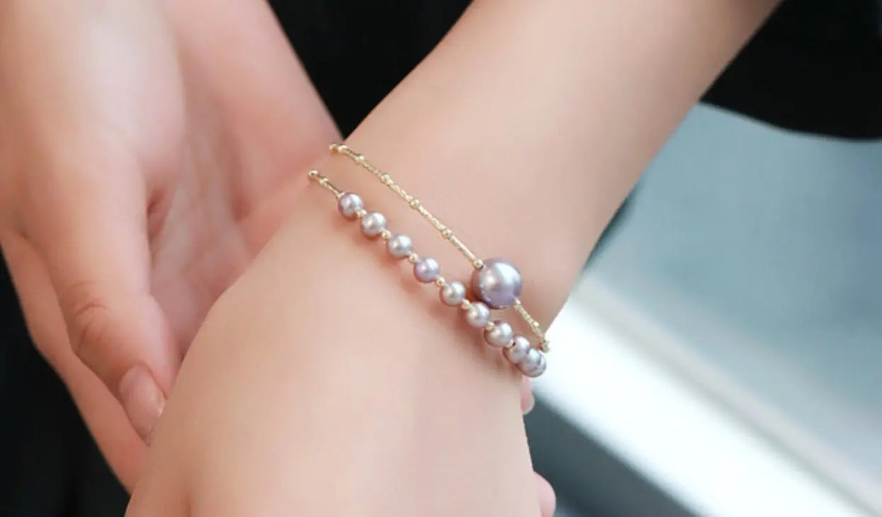 4.5-10mm Natural Pink Purple High Luster Pearl Handmade 18k  Yellow Gold Beaded Pearl Bracelets, Rose Pink Pearl Bracelets, Gift Idea Etsy