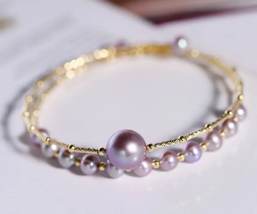 4.5-10mm Natural Pink Purple High Luster Pearl Handmade 18k  Yellow Gold Beaded Pearl Bracelets, Rose Pink Pearl Bracelets, Gift Idea Etsy