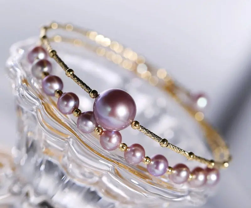 4.5-10mm Natural Pink Purple High Luster Pearl Handmade 18k  Yellow Gold Beaded Pearl Bracelets, Rose Pink Pearl Bracelets, Gift Idea Etsy