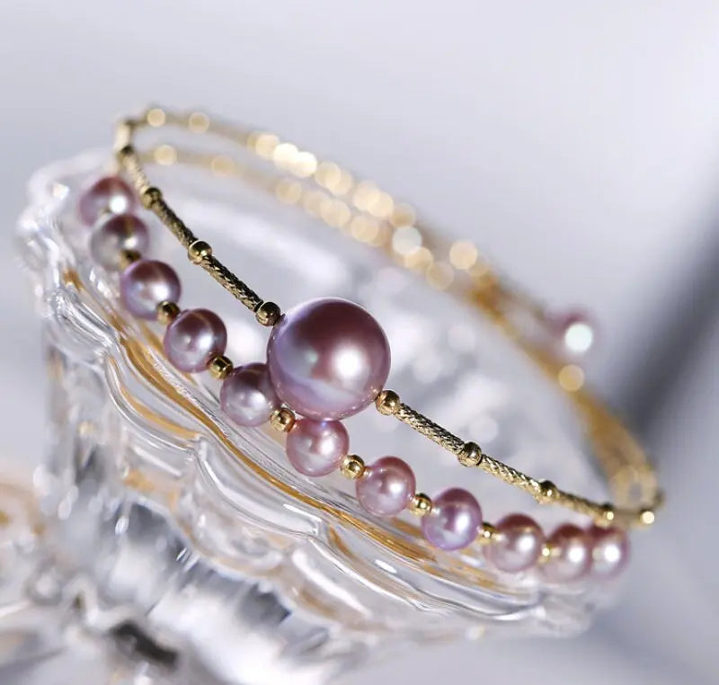 4.5-10mm Natural Pink Purple High Luster Pearl Handmade 18k  Yellow Gold Beaded Pearl Bracelets, Rose Pink Pearl Bracelets, Gift Idea Etsy