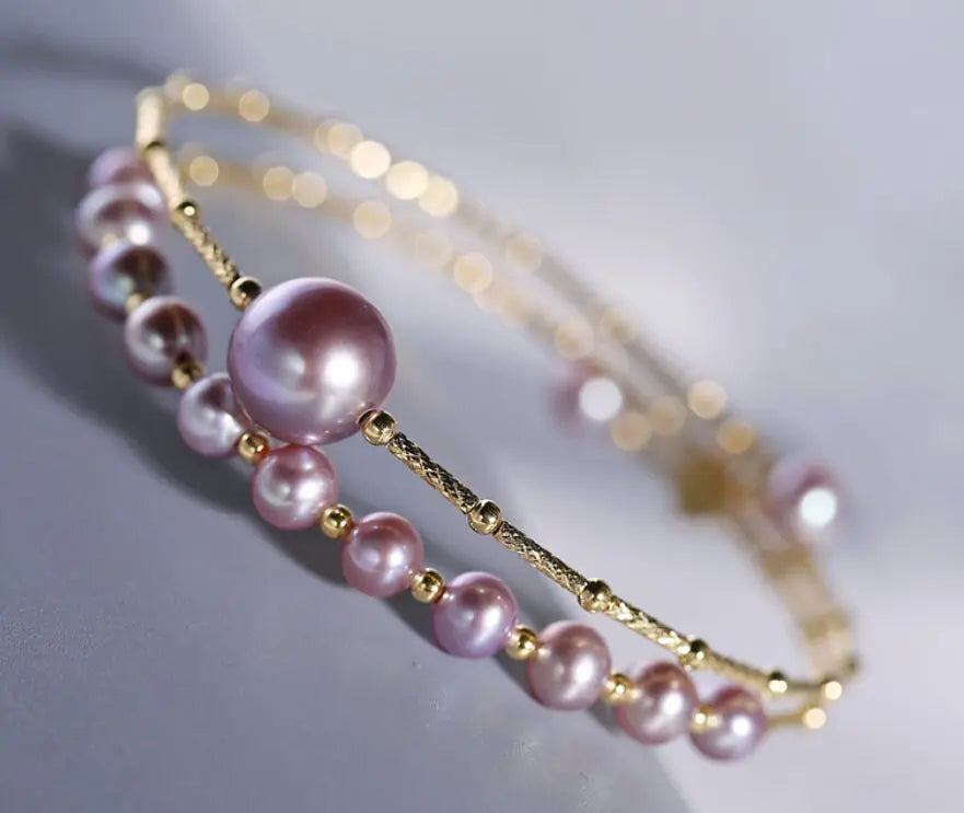 4.5-10mm Natural High Luster White Pearl Handmade 18k  Yellow Gold Beaded Pearl Bracelets, Rose Pink Pearl Bracelets, Gift Idea Etsy