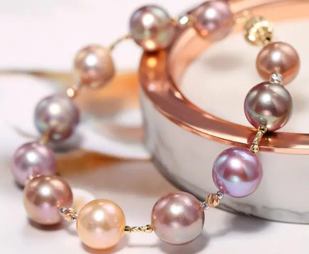 10-12mm Natural Colorful High Luster Pearl Handmade 14k Yellow Gold Beaded Pearl Bracelets, Rose Pink Pearl Bracelets, Vanilla Color Pearl Etsy