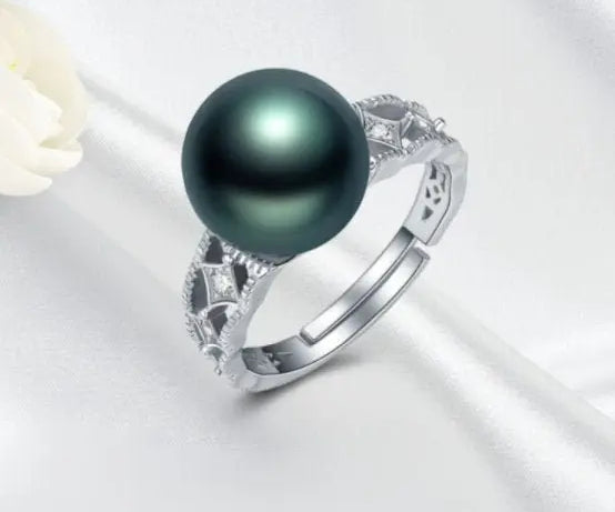 12mm Natural Tahiti Pearl Silver 925 Ring, Valentine's Day Gift Idea, Seawater Pearl, Granulation Ring, Peacock Green Pearl Ring, Hollow Out Etsy