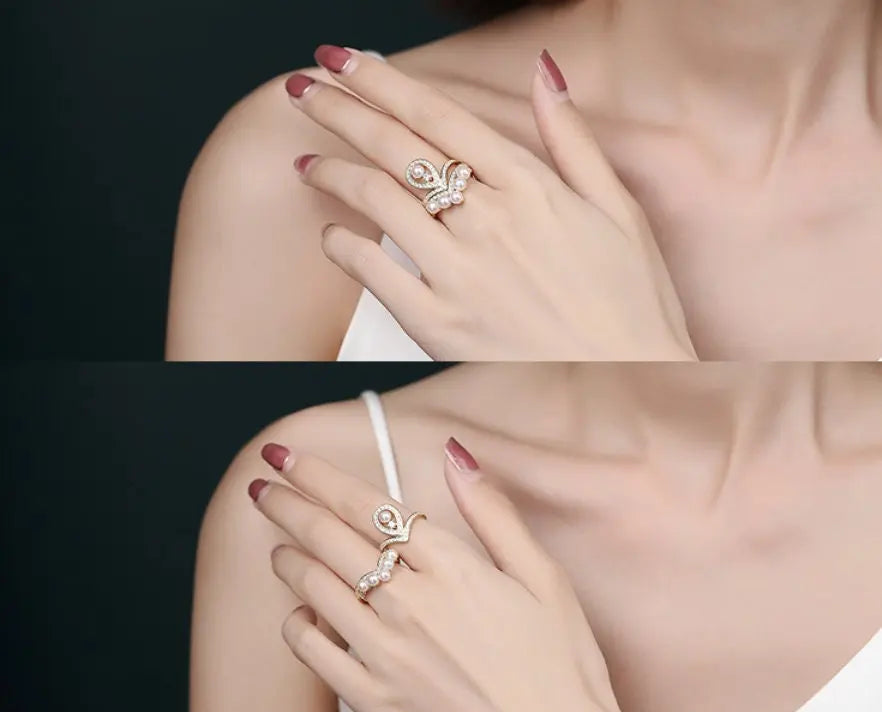 Natural Six High Luster White Pearl & CZ Diamond 925 Silver White Pearl Ring, Open Ring, Gift Idea, Cluster Ring, Crown Ring, Chevron Ring Etsy