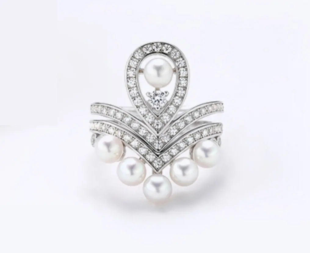Natural Six High Luster White Pearl & CZ Diamond 925 Silver White Pearl Ring, Open Ring, Gift Idea, Cluster Ring, Crown Ring, Chevron Ring Etsy