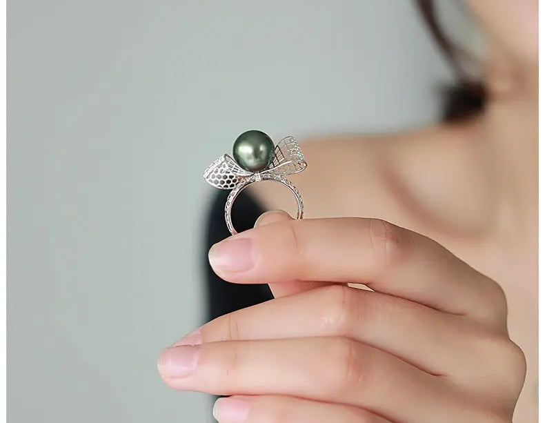 Hollow Out Desgin Tahitian Peacock Green Pearl 18k Ring, 18K Solid White Gold Ring, Carved Ring, Valentine's Day Gift Idea for Her Etsy