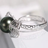Hollow Out Desgin Tahitian Peacock Green Pearl 18k Ring, 18K Solid White Gold Ring, Carved Ring, Valentine's Day Gift Idea for Her Etsy