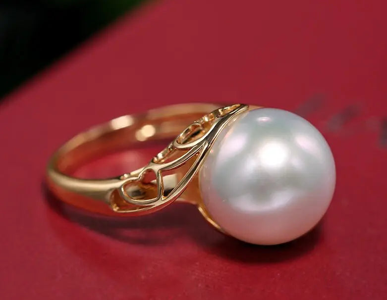 11mm Natural South Sea White Pearl & White Diamond 18K Solid Yellow Gold White Pearl Ring, Seawater Pearl, Gift Idea,  Carved Ring Etsy