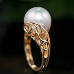11mm Natural South Sea White Pearl & White Diamond 18K Solid Yellow Gold White Pearl Ring, Seawater Pearl, Gift Idea,  Carved Ring Etsy