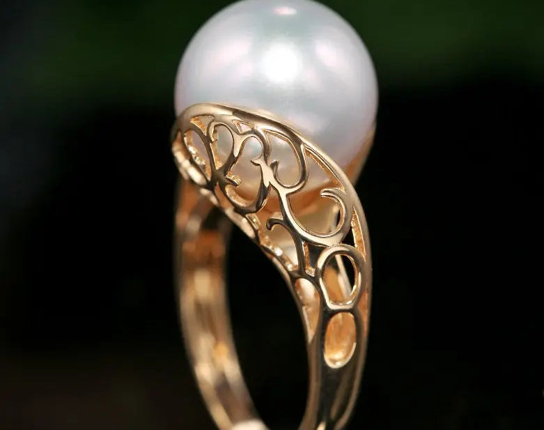 11mm Natural South Sea White Pearl & White Diamond 18K Solid Yellow Gold White Pearl Ring, Seawater Pearl, Gift Idea,  Carved Ring Etsy