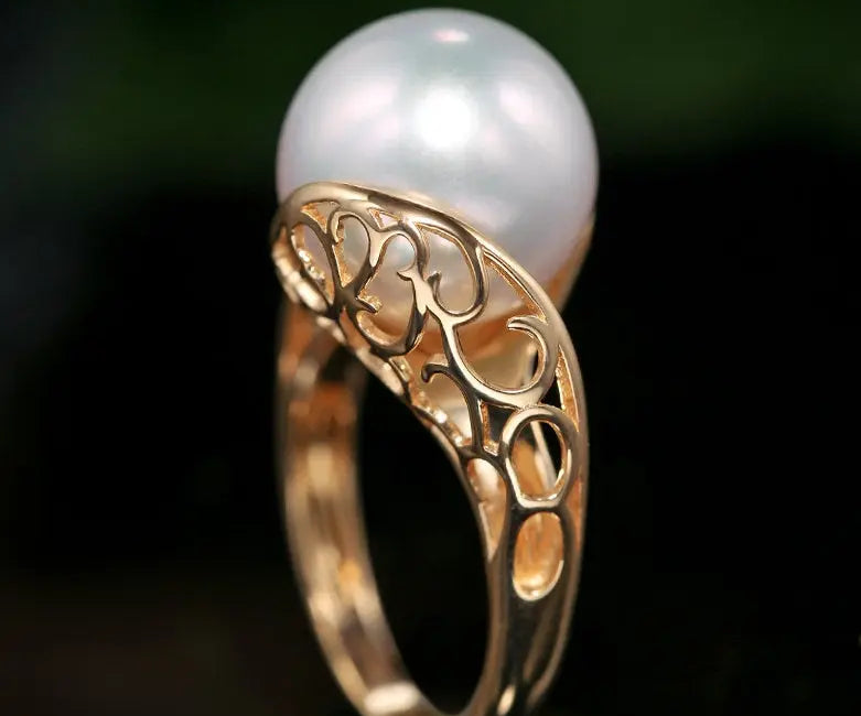 11mm Natural South Sea White Pearl & White Diamond 18K Solid Yellow Gold White Pearl Ring, Seawater Pearl, Gift Idea,  Carved Ring Etsy