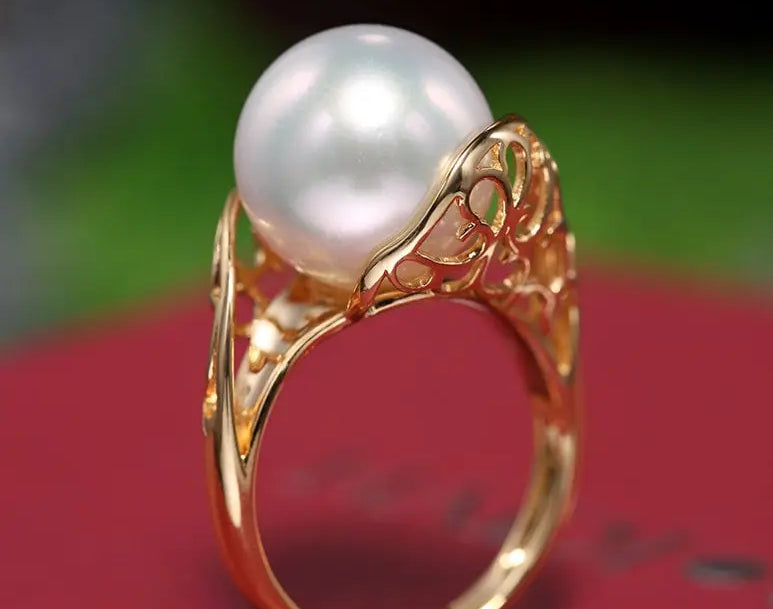 11mm Natural South Sea White Pearl & White Diamond 18K Solid Yellow Gold White Pearl Ring, Seawater Pearl, Gift Idea,  Carved Ring Etsy