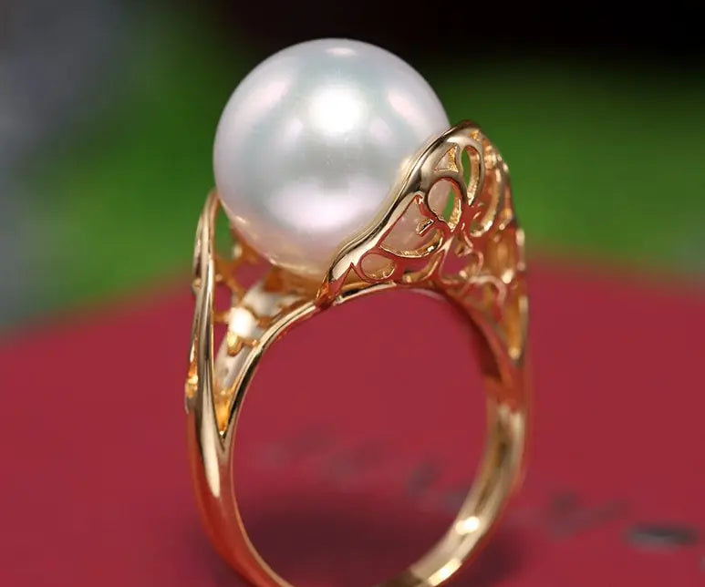 11mm Natural South Sea White Pearl & White Diamond 18K Solid Yellow Gold White Pearl Ring, Seawater Pearl, Gift Idea,  Carved Ring Etsy