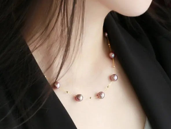 18K Gold Pearl Necklace - Purple Rose Beaded Choker Etsy