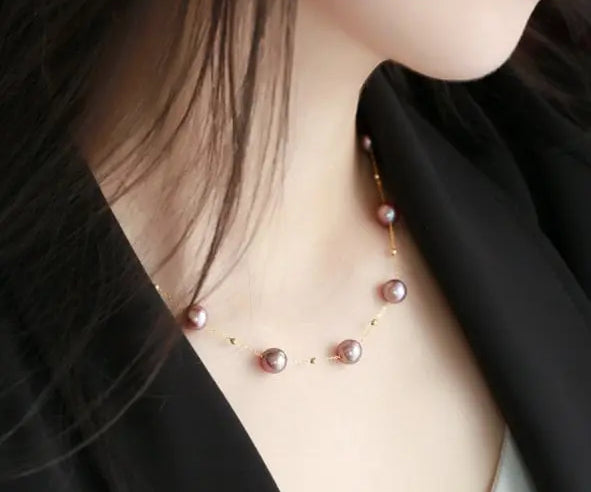 18K Gold Pearl Necklace - Purple Rose Beaded Choker Etsy