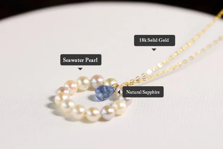 Natural Blue Sapphire Pear Rose Cut & Seawater Akoya Pearl 18k Solid Yellow Gold Sapphire Beaded Necklace - LaCorserArtJewelry