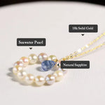 Natural Blue Sapphire Pear Rose Cut & Seawater Akoya Pearl 18k Solid Yellow Gold Sapphire Beaded Necklace - LaCorserArtJewelry