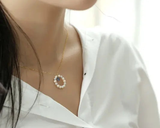 Natural Blue Sapphire Pear Rose Cut & Seawater Akoya Pearl 18k Solid Yellow Gold Sapphire Beaded Necklace - LaCorserArtJewelry