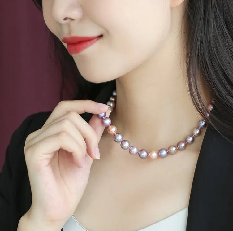 5A+ 10mm High Luster Colorful Pearl Handmade 14k Solid Yellow Gold Beaded Pearl Necklace, Freshwater Purple Pearl, Pink Pearl, Gift Idea Etsy