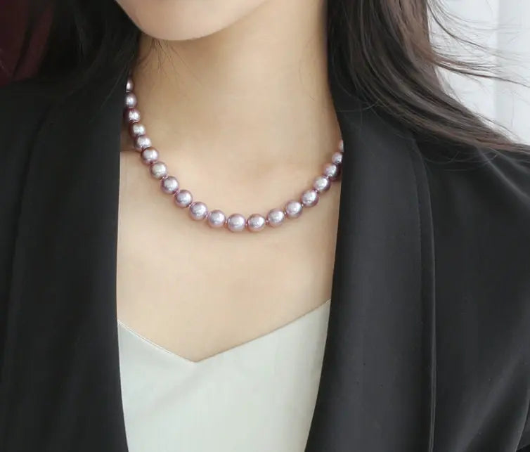 5A+ 10mm High Luster Colorful Pearl Handmade 14k Solid Yellow Gold Beaded Pearl Necklace, Freshwater Purple Pearl, Pink Pearl, Gift Idea Etsy