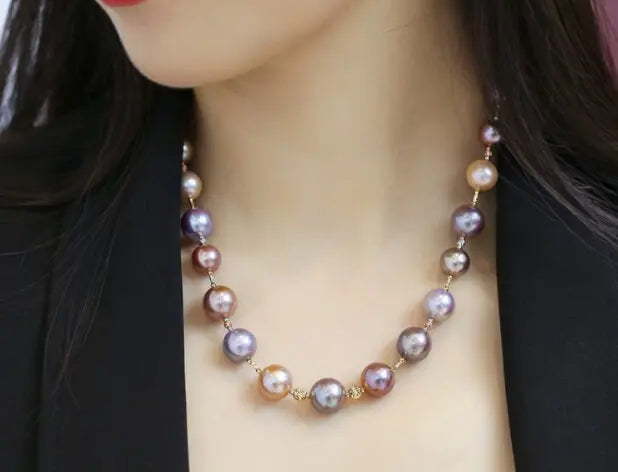 5A+ 13mm Huge Colorful Pearl 14k Solid Yellow Gold Beaded Pearl Necklace, Freshwater Purple Pink Pearl Etsy