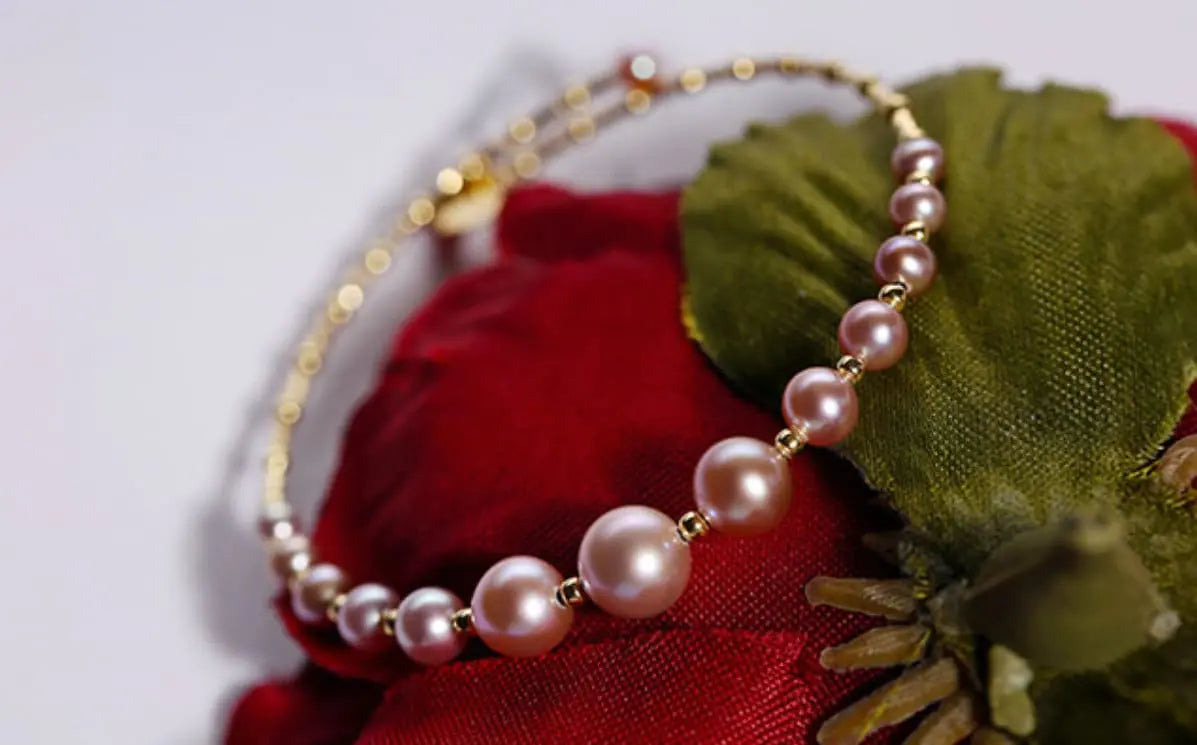 3.5-7.5mm Natural Pink Purple High Luster Pearl Bangles, 18k Yellow Gold Handmade Bangles, Pink Rose Tone Pearl Beaded Bangles, Gift Idea Etsy