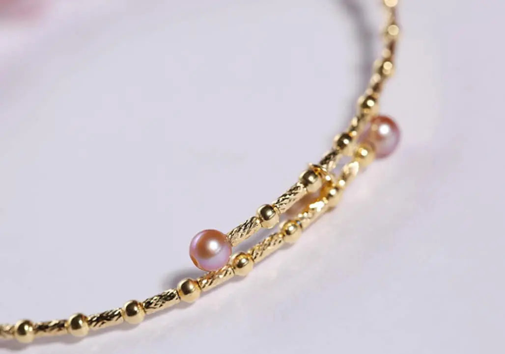 3.5-7.5mm Natural Pink Purple High Luster Pearl Bangles, 18k Yellow Gold Handmade Bangles, Pink Rose Tone Pearl Beaded Bangles, Gift Idea Etsy