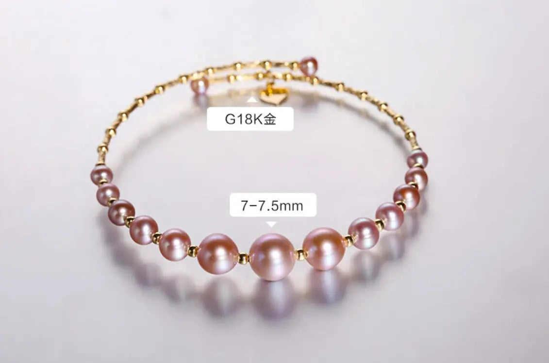 3.5-7.5mm Natural Pink Purple High Luster Pearl Bangles, 18k Yellow Gold Handmade Bangles, Pink Rose Tone Pearl Beaded Bangles, Gift Idea Etsy