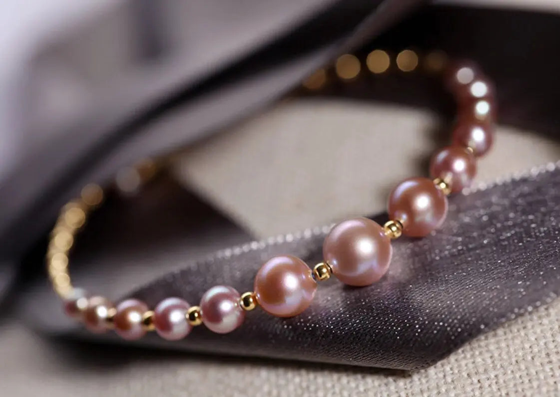 3.5-7.5mm Natural Pink Purple High Luster Pearl Bangles, 18k Yellow Gold Handmade Bangles, Pink Rose Tone Pearl Beaded Bangles, Gift Idea Etsy