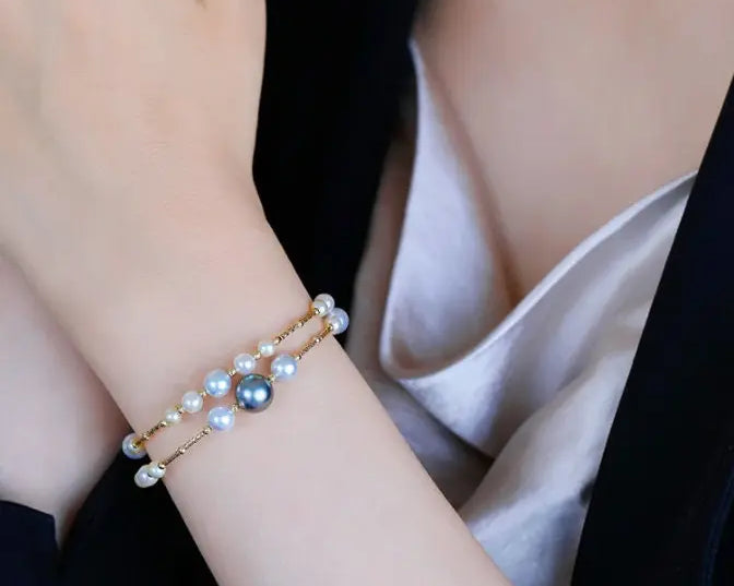 AAA+ 9mm Tahitian Peacock Green Pearl Strand Bangles - 18K Yellow Gold Etsy