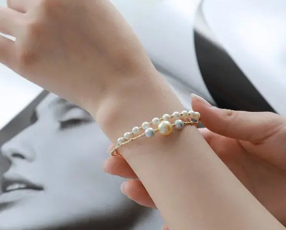 5A+ Natural Akoya Pearl 5-9mm Handmade 18K Yellow  Gold Madama Bracelets, Seawater Pearl, Gift for Her, Golden Pearl, Gift Idea Etsy