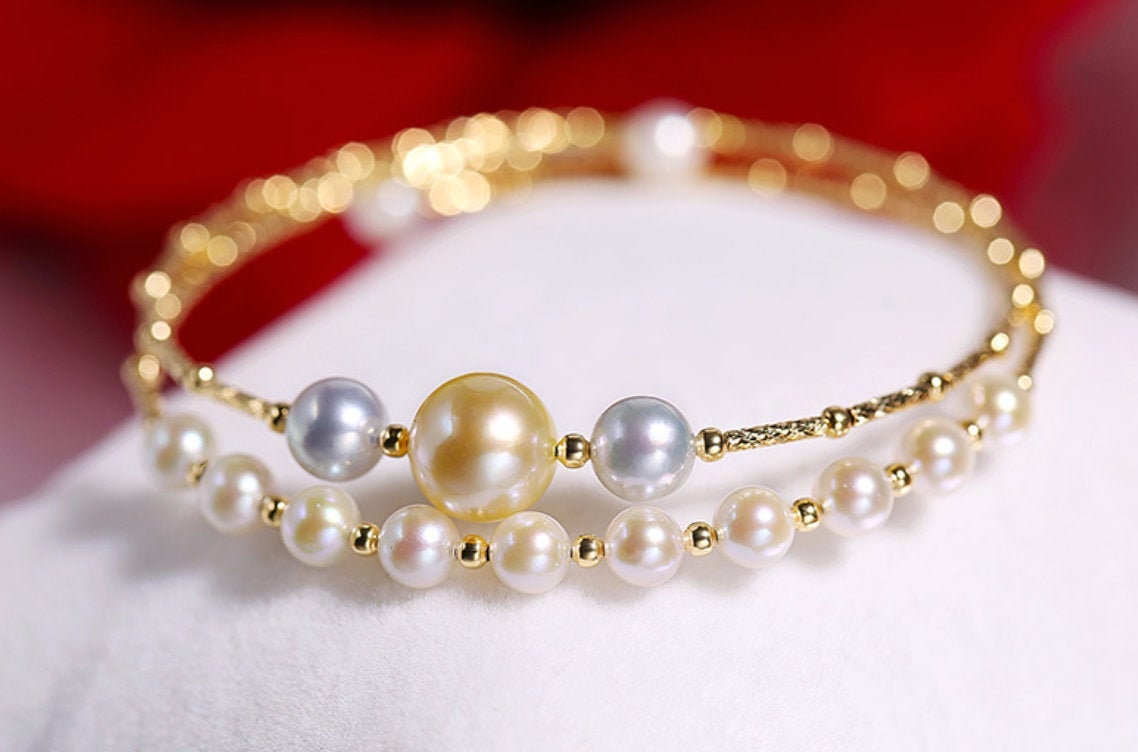 Natural Coloful Pearl 18K Bracelet, Superior Akoya Pearl 18k Yellow Gold Bracelet, Handmade Madama Beaded Bracelets, Golden Pearl, Gift Idea Etsy