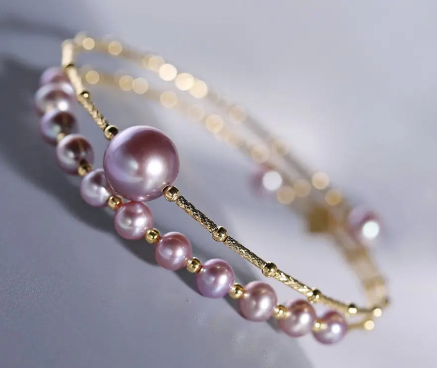 4.5-10mm Natural Pink Purple High Luster Pearl Handmade 18k  Yellow Gold Beaded Pearl Bracelets, Rose Pink Pearl Bracelets, Gift Idea Etsy