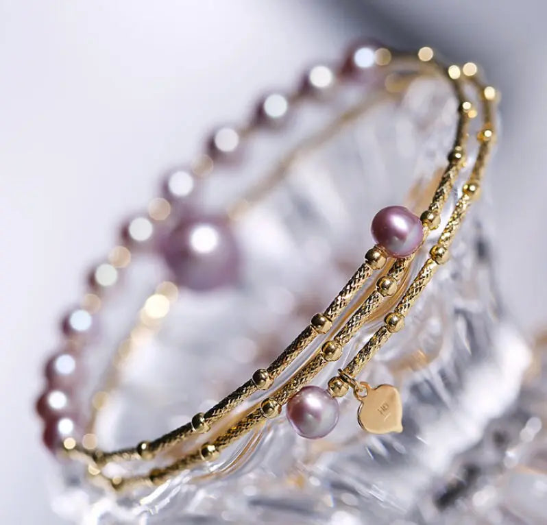 4.5-10mm Natural Pink Purple High Luster Pearl Handmade 18k  Yellow Gold Beaded Pearl Bracelets, Rose Pink Pearl Bracelets, Gift Idea Etsy