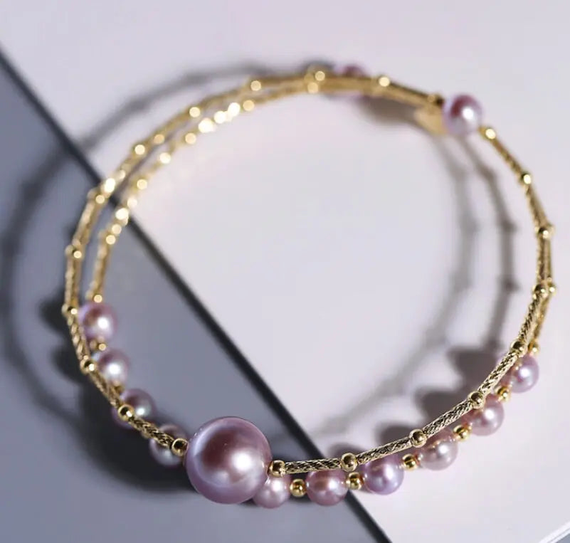 4.5-10mm Natural Pink Purple High Luster Pearl Handmade 18k  Yellow Gold Beaded Pearl Bracelets, Rose Pink Pearl Bracelets, Gift Idea Etsy