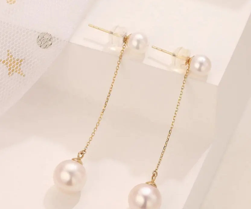 5A+ High Luster Pearl 9mm Handmade 18K Solid Yellow Gold Freshwater White Pink Pearl Dangle Earrings, Anniversary Gift, Gift Idea Etsy