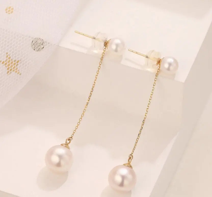 5A+ High Luster Pearl 9mm Handmade 18K Solid Yellow Gold Freshwater White Pink Pearl Dangle Earrings, Anniversary Gift, Gift Idea Etsy