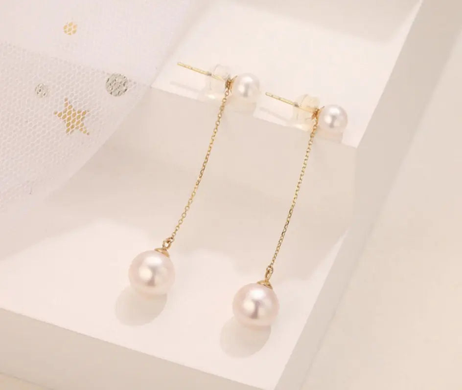 5A+ High Luster Pearl 9mm Handmade 18K Solid Yellow Gold Freshwater White Pink Pearl Dangle Earrings, Anniversary Gift, Gift Idea Etsy